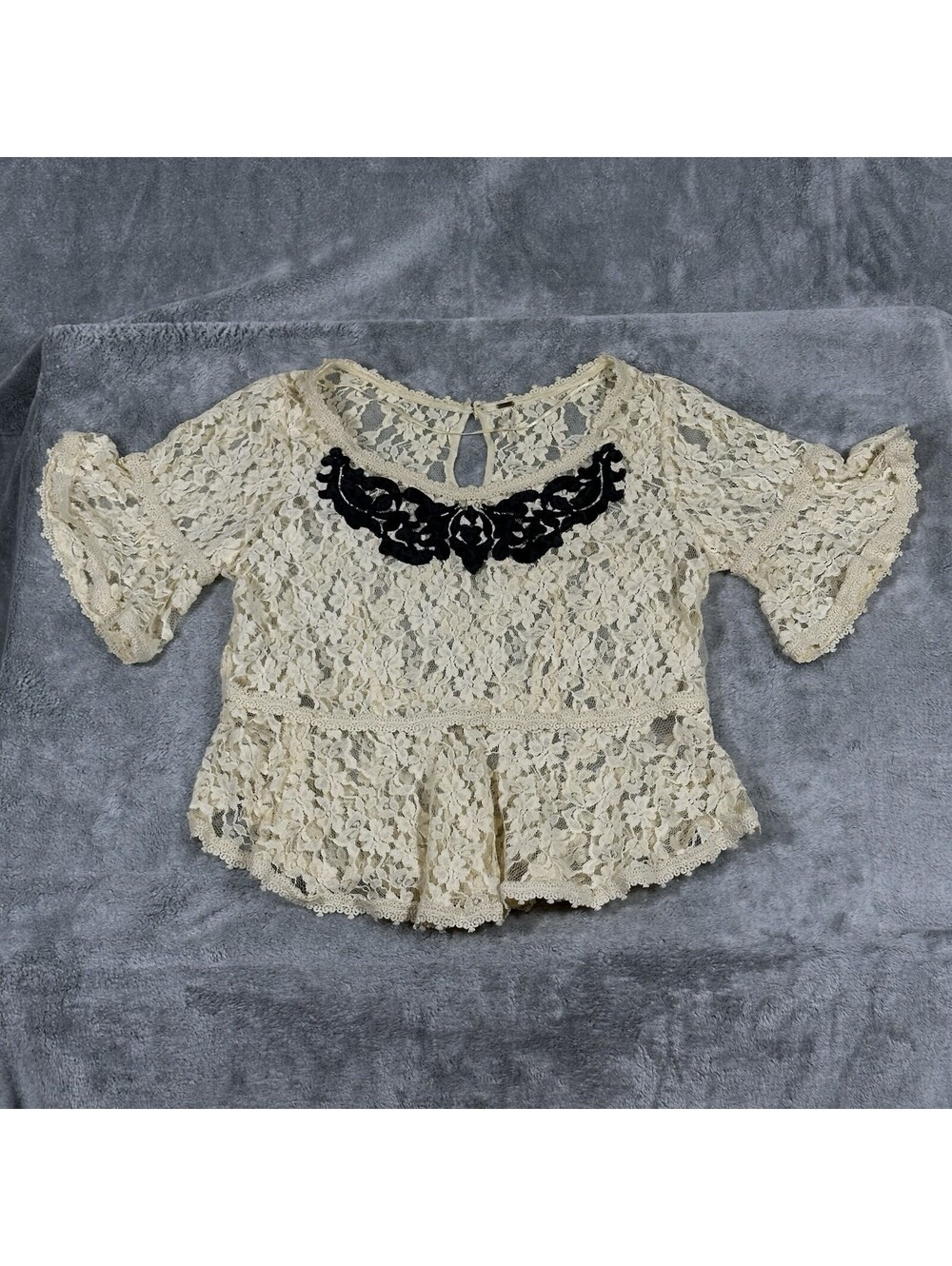 Free People Sz. Lg. With Flair Peplum Top Ivory Lace Black Applique Bell Sleeve